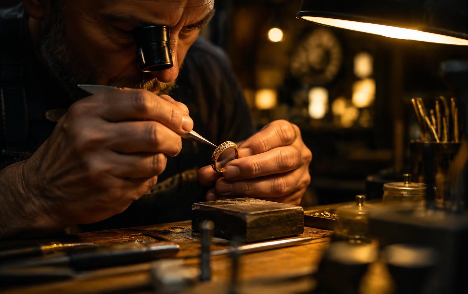 Jeweler repairing a gold ring at the bench