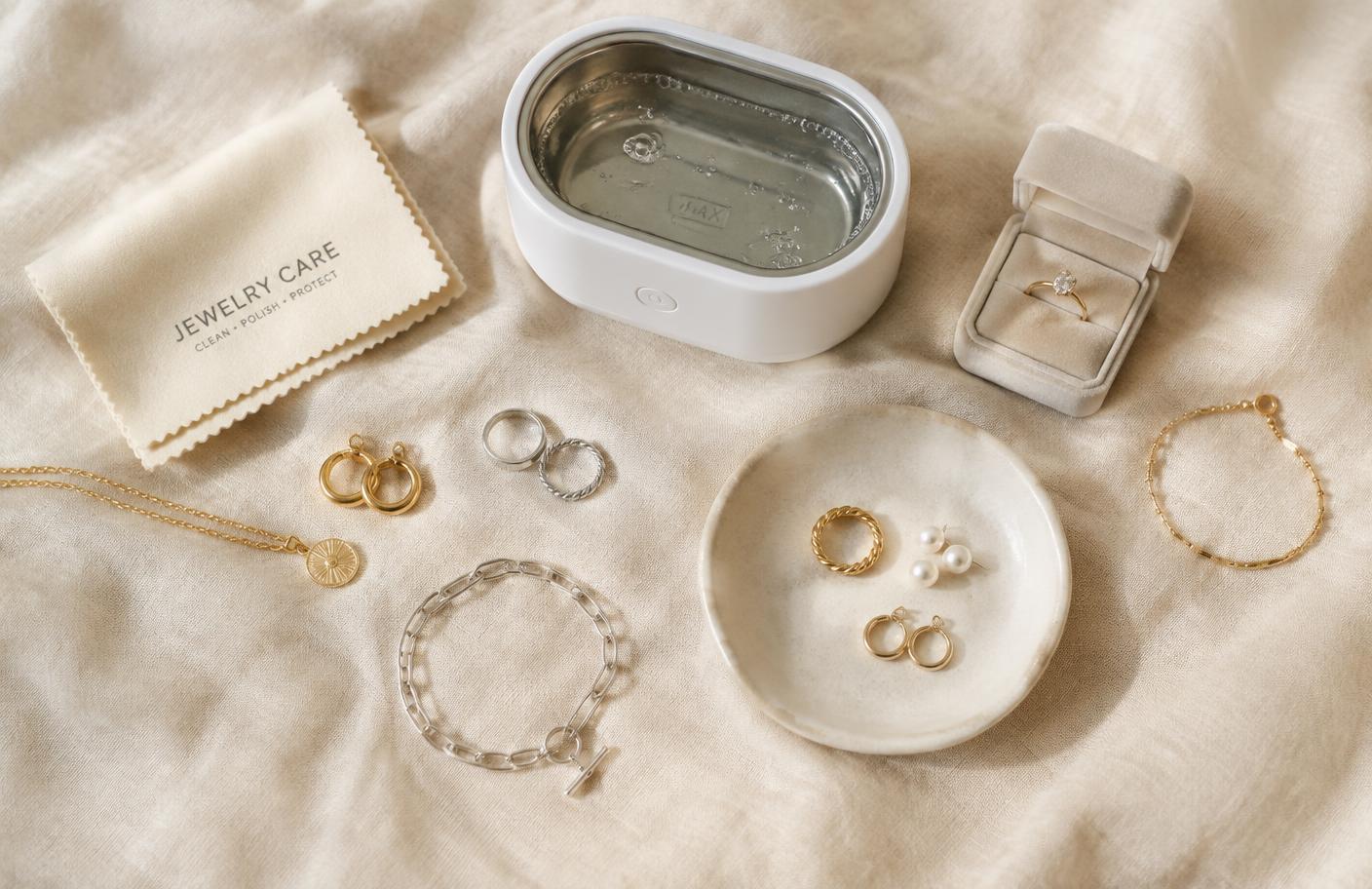 Jewelry care essentials laid out on linen