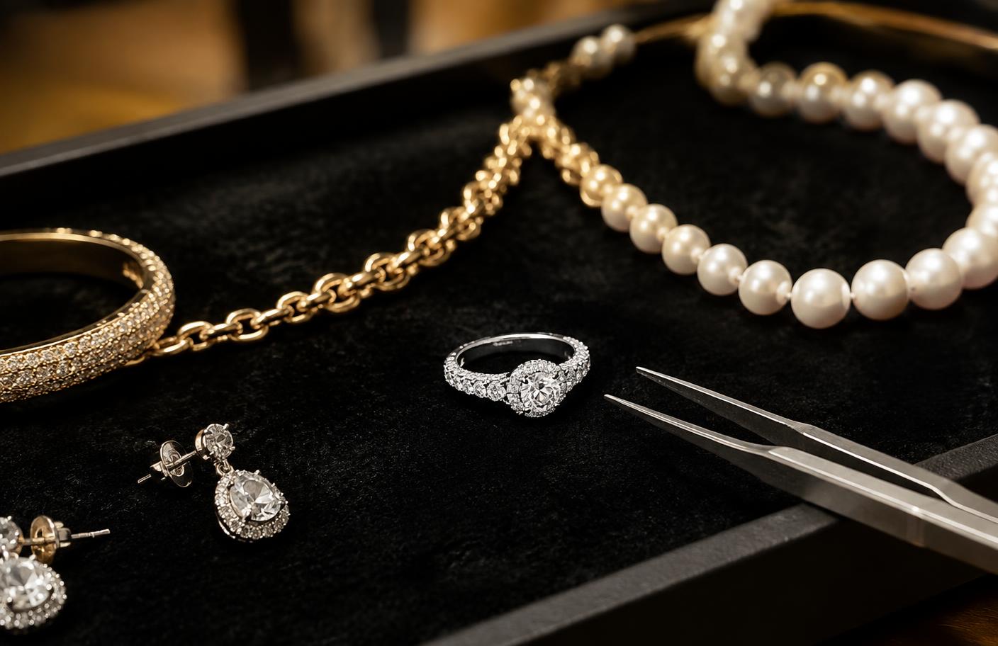 Fine jewelry on a velvet tray with jeweler's tweezers
